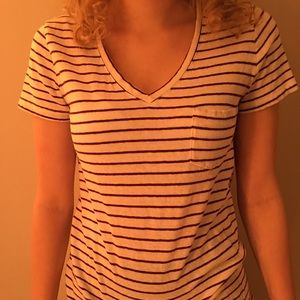 White tee shirt with maroon stripes